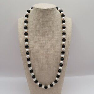 14K Yellow Gold Onyx and Cultured Pearl Beaded Strand Necklace